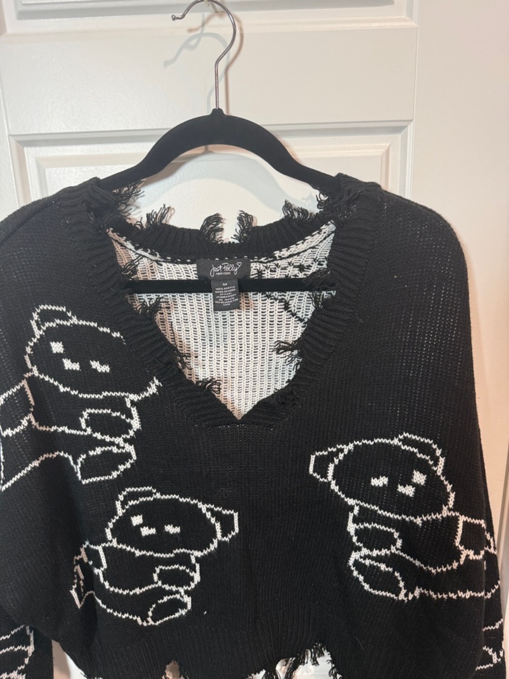 Joyrich Black Knit V-Neck Sweater with White Teddy Bear Motif - Picture 8 of 8